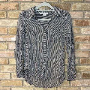 DVF Diane Von Furstenberg 100% Silk Blouse Black White Stripe Sheer Button Up 4